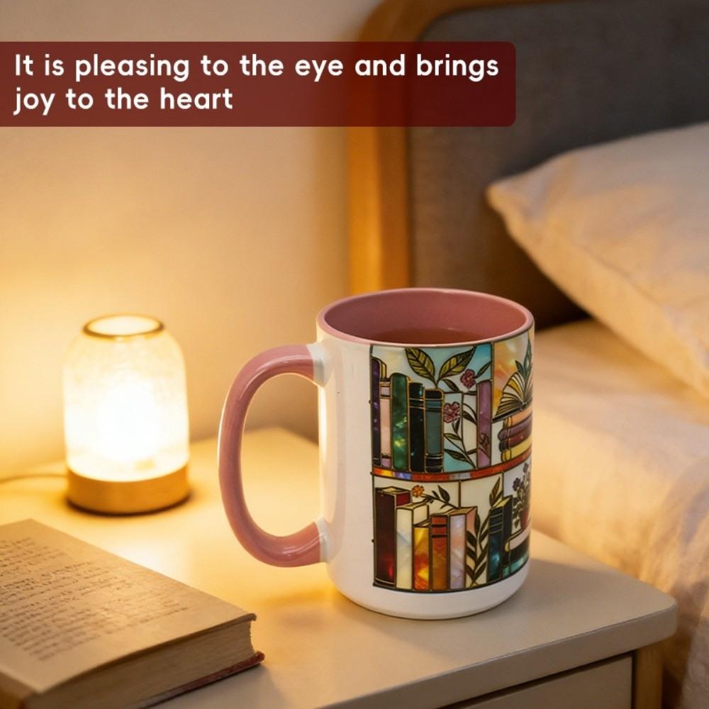 Bookshelf Pattern Flower Ceramic Milk Cup Fun Bookworm Gift Bronzing Colored Glaze Floral Ceramic Coffee Mug Nordic Pink Blue