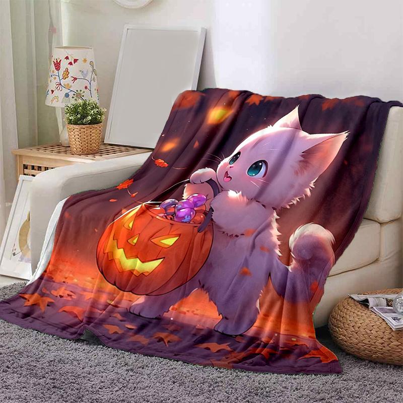 1pc White Cat Holding Pumpkin Lantern Blanket Cartoon Throw for Room Decor, Gift Idea, Living Room, Travel, Camping, Car Blankets