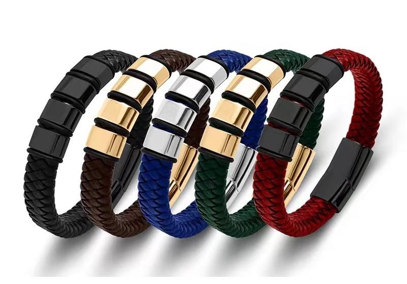For Classic Stainless Steel Electroplated Bracelet Leather Rope Woven Personality DIY Bracelet Lettering Jewelry