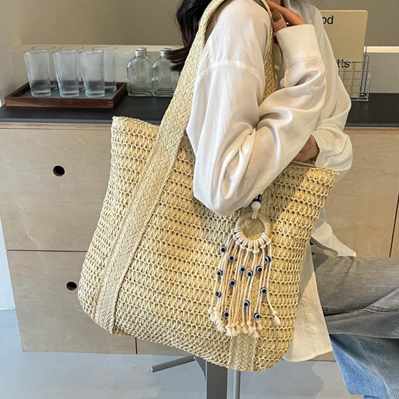 Yogodlns Летняя соломенная большая вместительная женская сумка через плечо с кисточками и плетеной пляжной сумкой-тоут