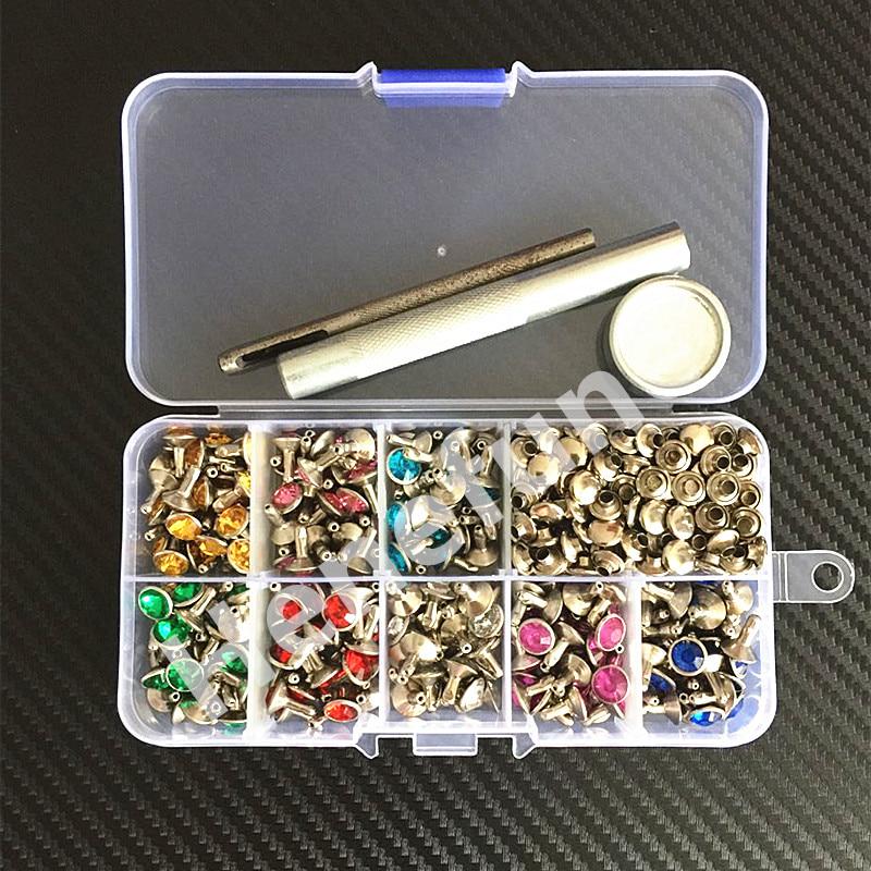 240 шт., 8 цветов, двойная крышка, панк, алмазные шипы, заклепки, шпильки со стразами, декор, заклепки для сумки, джинсов, кожаный ремень, сделай сам, + крепежный инструмент