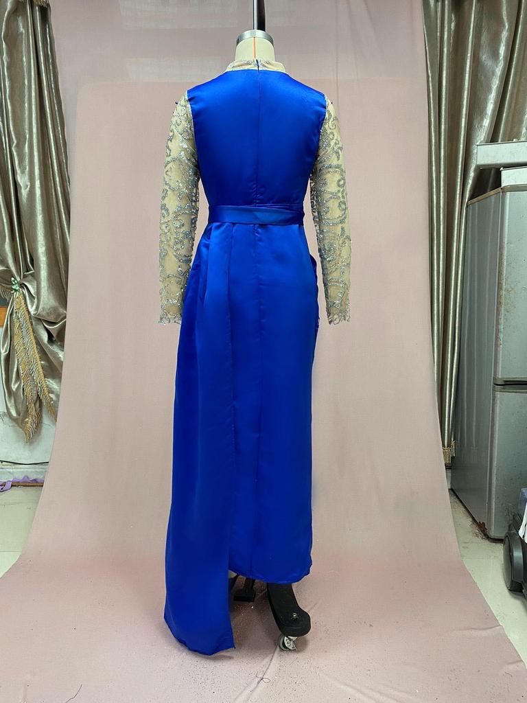 Женское вечернее платье 2025 года в синих и золотых тонах с круглым вырезом