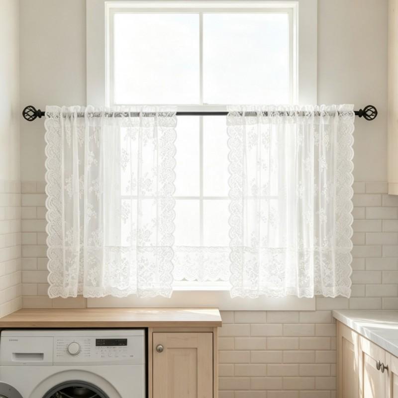 White Floral Lace Sheer Curtain Panel Kitchen Cabinet Small Short Window Treatment Modern Minimalist Style