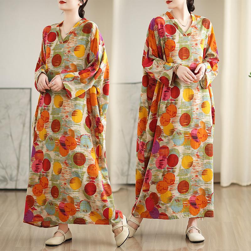 Dimanaf 2025 Женское платье больших размеров Весна-лето Базовое длинное платье в горошек Винтажное свободное V-образное вырезное длинное рукав