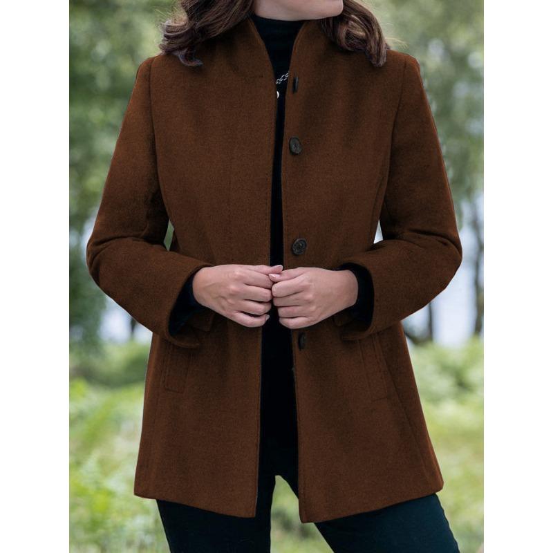 Осень Зима Воротник-стойка Однобортная Шерстяная Верхняя одежда Женская Свободная Повседневная Универсальное Пальто Однотонный Кардиган Топ