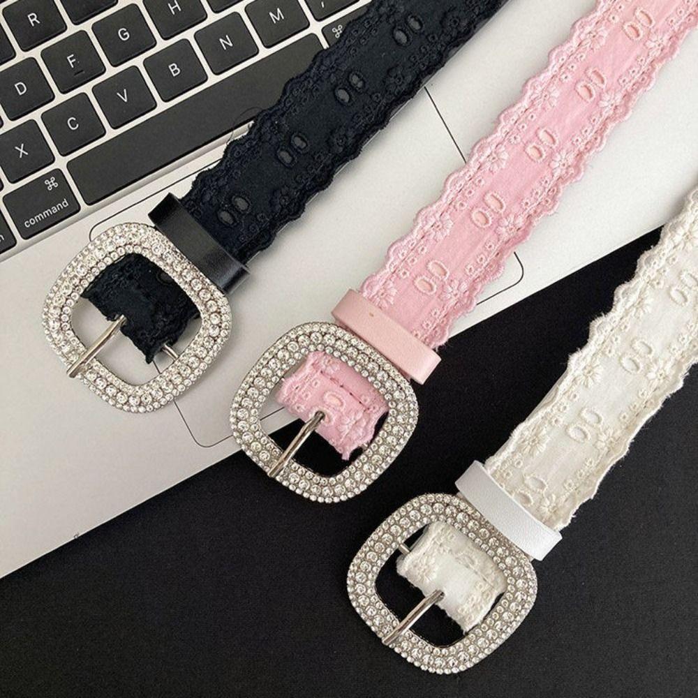 Y2K Lace Belt PU Leather Women Waistband Trend Rhinestone Belt  Jeans Accessories
