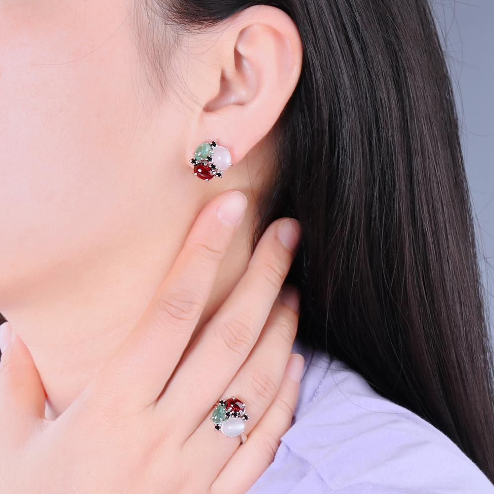 Натуральный драгоценный камень Изумруд Гранат Белый лунный камень Кольцо Серьги Комплект ювелирных изделий Стерлинговое серебро 925 пробы изысканные ювелирные изделия Модный подарок