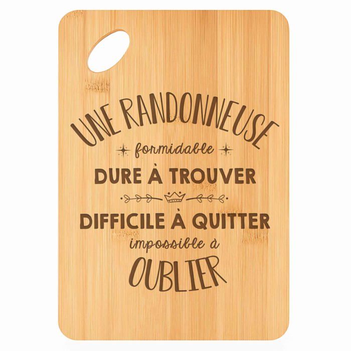 Planche à découper / Plateau apéro - PLANETEE - Une Randonneuse Formidable - Bambou - 30x20x1 cm - Bords arrondis, trou 24 mm