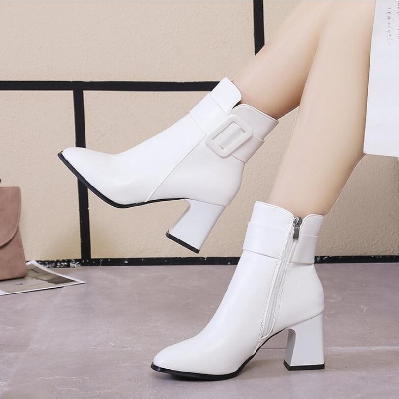 Fashion New White Black Thick High Heel Ankle Boots Women 2024 Pointed Toe Keep Warm Elegant Short Booties Ladies Ankle Buckle Decoratio