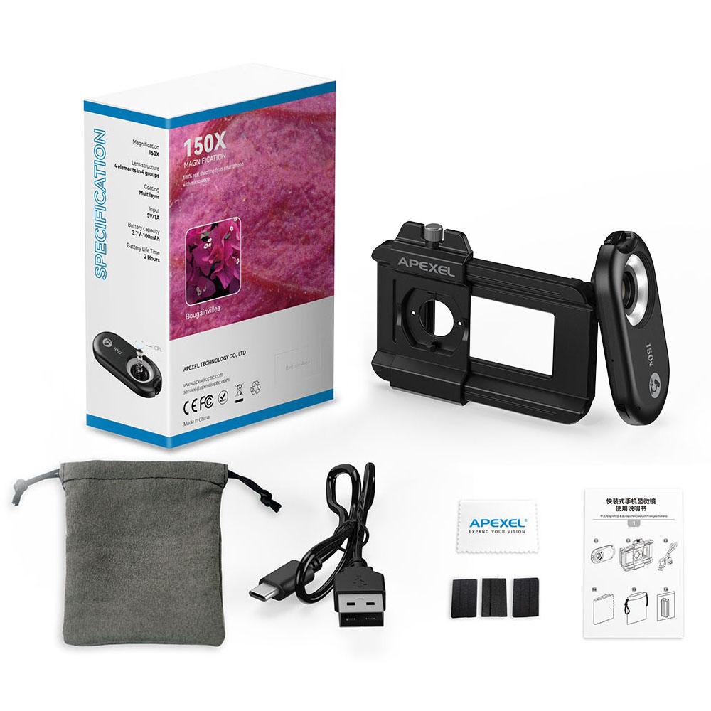 APEXEL APL-MS150 150X Mobile Phone Microscope Lens with LED/ UV Lights Built-in CPL Filter Battery