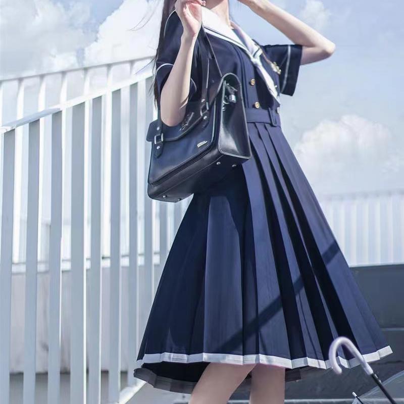 Dress Women JK Girls Japanese Preppy Style Lolita Sailor Suit Dresses Y2k Gothic Kawaii Vintage Short Sleeve Summer Midi Dress
