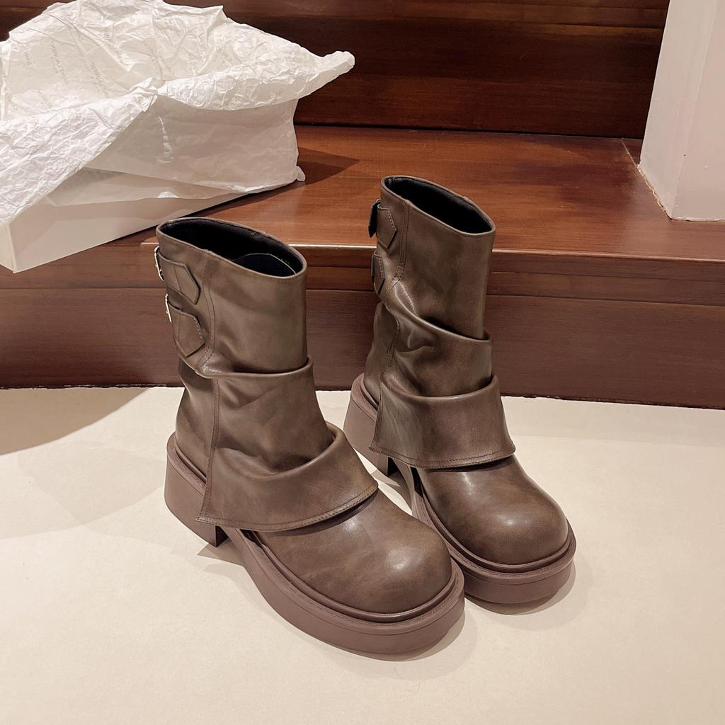 Fashion Women's Boots Fashion Knee-high Boots New Round Toe Trouser Leg Boot High Quality Leather Mid-calf Boots for Women Platform Boot