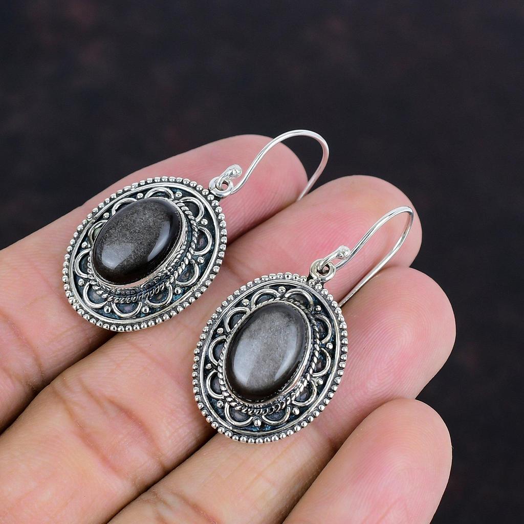 Серебряный блеск обсидиан драгоценный камень серьги стильные винтажные серьги ювелирные изделия ручной работы 925 стерлингового серебра серьги антикварные серьги подарки для жены