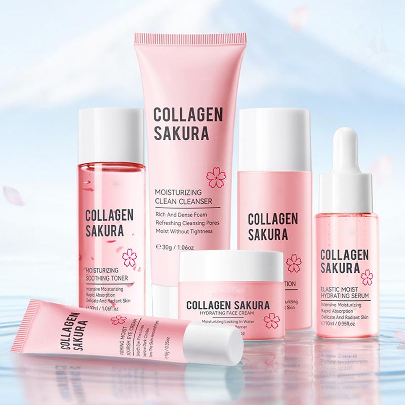 6-Piece Sakura Collagen Hydrating Travel Set - Cleanser, Toner, Lotion, Serum, Cream, Eye Cream for Smooth & Plump Skin
