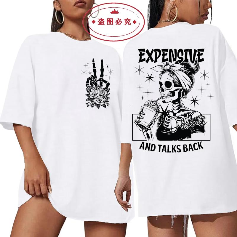 Expensive Talks Back Vintage T Shirt Men Women Fashion Hip Hop T-shirts Harajuku Casual Oversized T-shirt Mom Skeleton Clothing