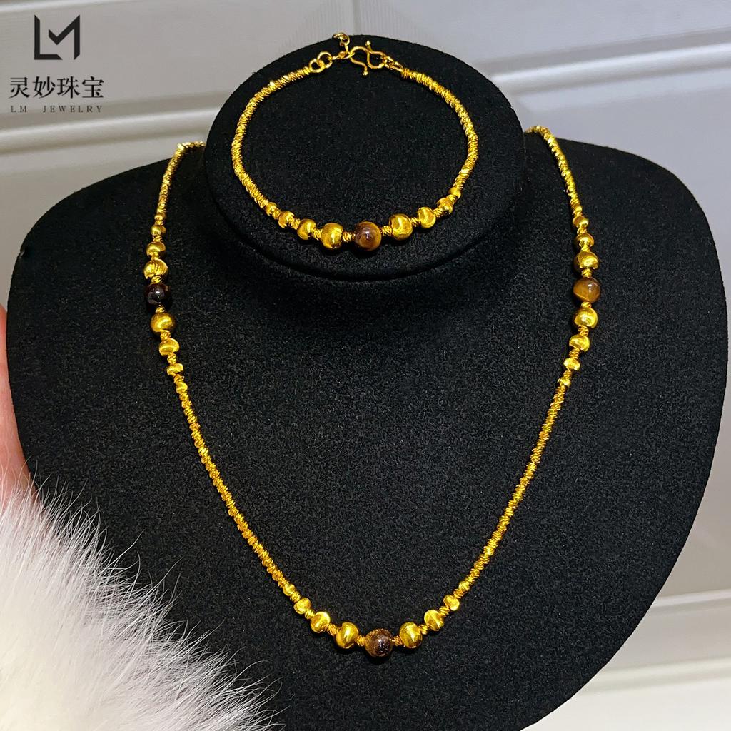 Ожерелье и браслет с бусинами «Кошачий глаз» для женщин, 24K золото AU999 - Стиль «Кошачий глаз» в стиле легкой роскоши, сдержанно мерцающее, для офисных дней