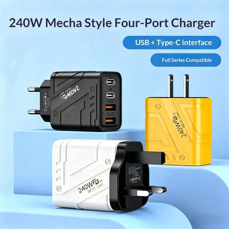 Быстрое зарядное устройство 240 Вт в стиле Mecha с четырьмя портами USB Type-C, универсально совместимое, идеально подходит для дома, офиса, путешествий