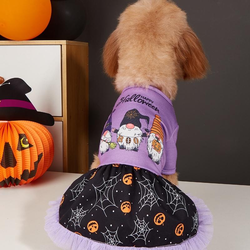 Halloween Pet Dress with Gnome Print, Pumpkin Patterns & Tulle Skirt, Orange and Purple Options for Small Dogs Halloween Parties