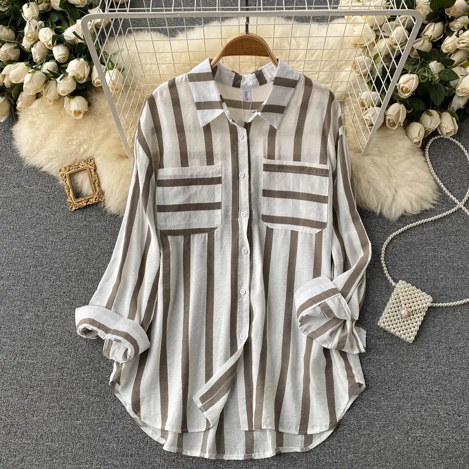 2024 Korean Style Mid-Length Striped Multi-Color Women's Casual Loose Shirt Jacket