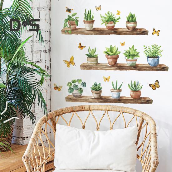 Полка кактуса в горшке, настенная наклейка, съемная водонепроницаемая самоклеящаяся ПВХ, домашний офис, гостиная, детская спальня, зеленое растение, настенное художественное украшение, наклейка