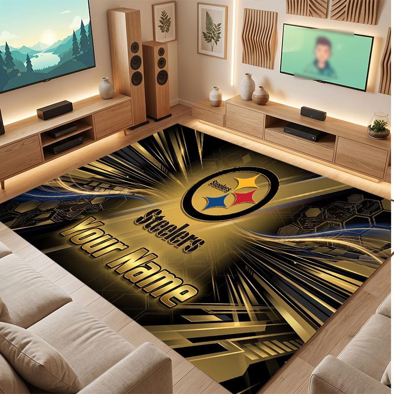 Pittsburgh Steelers Personalized Crystal Velvet Carpet, Customized Name Text Soft Anti‑Slip Rug for Living Room Bedroom
