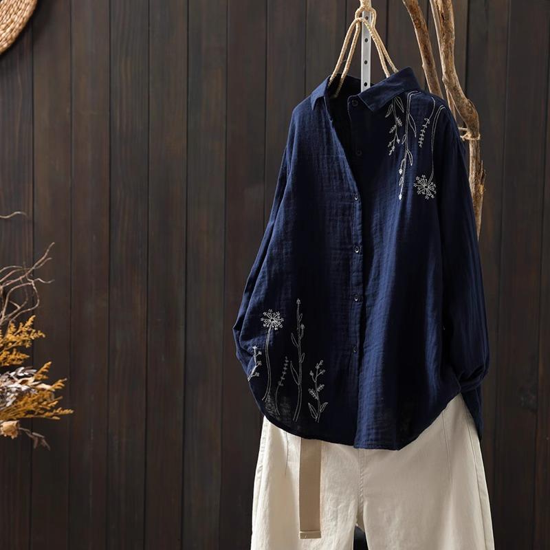 Women Loose Long Sleeve Slimming Trendy Spring Autumn Ladies Shirt Retro Embroidered Flower Cotton Linen Shirt