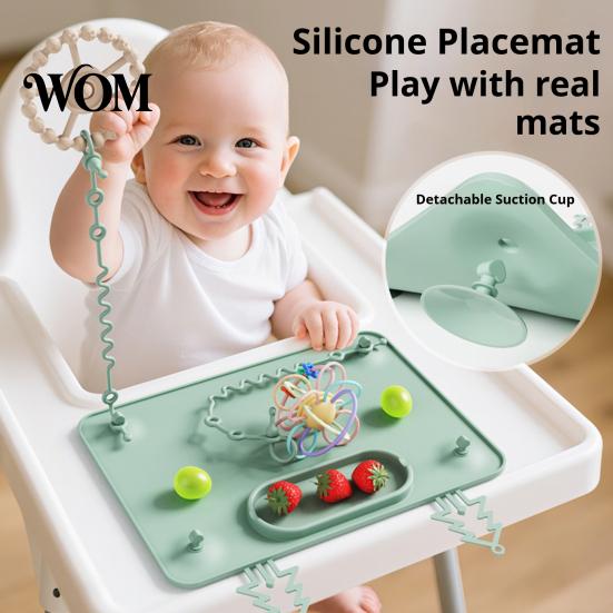 Foldable Play Mats Silicone Baby Placemat with Suction Cup, Toddlers Eating Food Mat Stain Proof Placemats Anti-fall Rope, Multi-functional