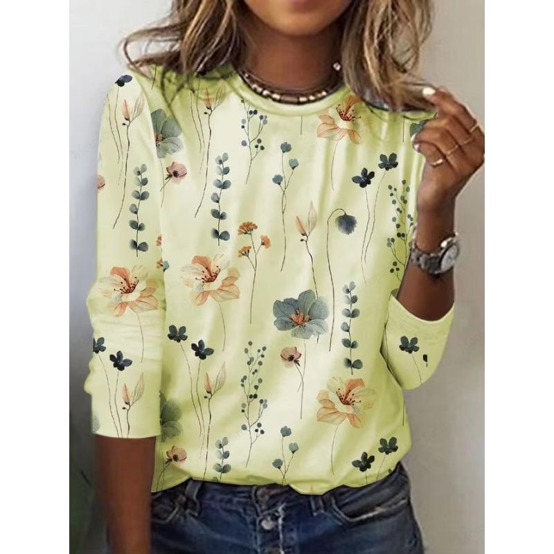 Floral 3d Print Crew Neck T-Shirt Casual O-Neck Long Sleeve Top Women's Clothing New Fashion Casual Oversized Tops Tees Female