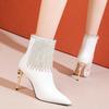 High Heel Women's Boots 2024 Winter Fashion PU Leather Pointed Toe Ankle Boots Crystal Luxury High Heels Pumps Zapatos