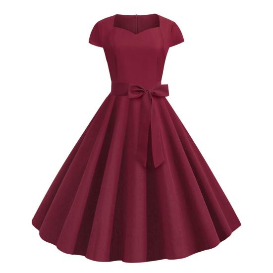 Женское платье с V-образным вырезом и поясом с бантом, декор трапециевидной формы, большие качели, обтягивающее платье с высокой талией, сплошной цвет, ретро, ​​с коротким рукавом, женское платье миди в стиле принцессы