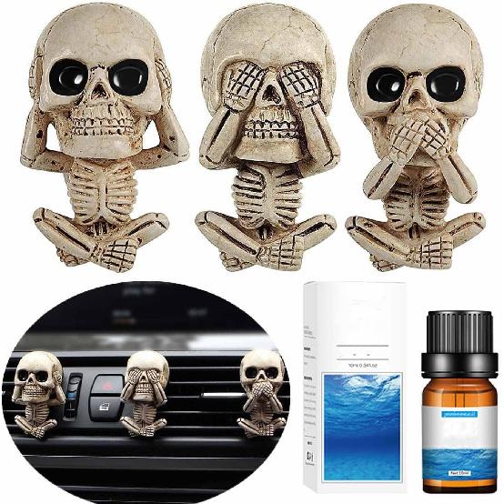 Evil Skull Car Air Fresheners Vent Clips, Cool Skull Car Accessories With 6 Felt Pads, Cute Automotive Halloween Decorations Interior For Men Women