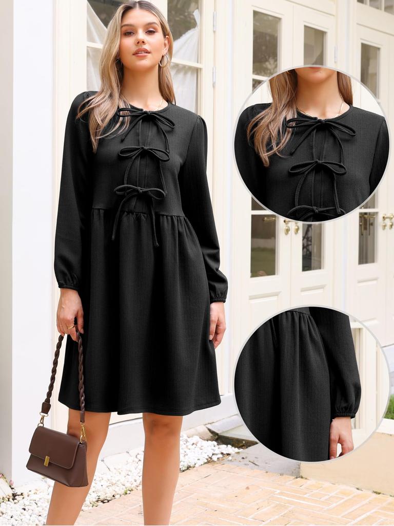 Allegra K Women's Autumn/Winter Doll Dress, Casual Long Sleeve Self-Tie Ribbon Tunic Dress, Black, Size M