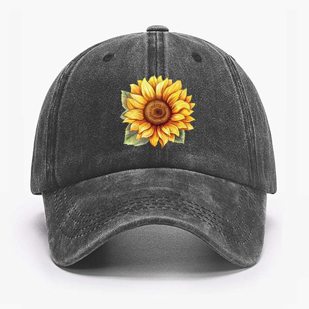 Sunflower Print Cotton Baseball Cap, Floral Pattern Distressed Sport Hat With Adjustable Closure, Sun Protection Peaked Cap