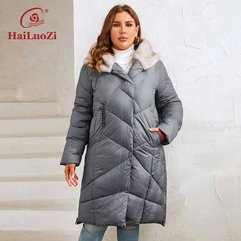 HaiLuoZi 2023 новые женские зимние куртки больших размеров длинные теплые парки элегантные с меховым капюшоном высококачественные стеганые пальто женские 1131