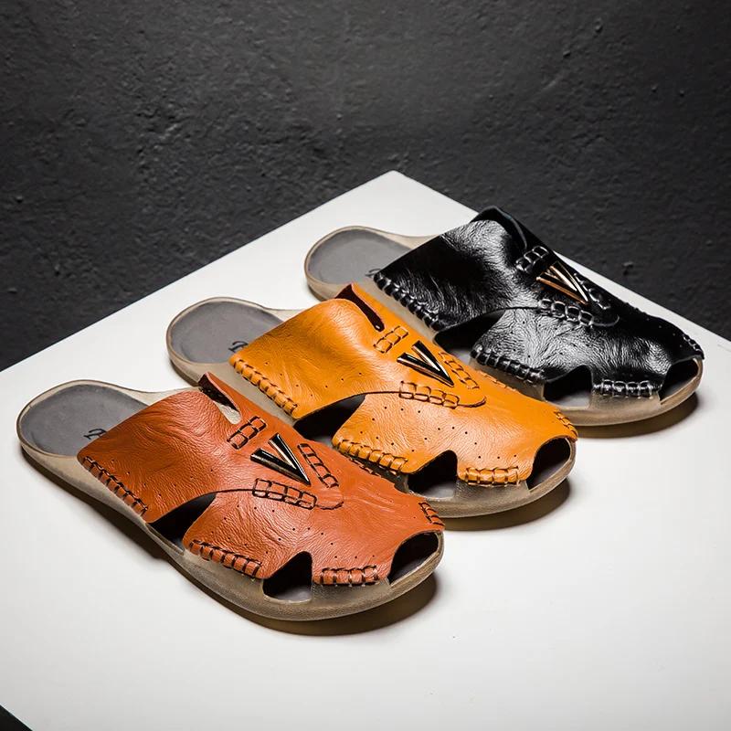 Новые кожаные тапочки мужские домашние тапочки для дома классическая обувь для дома повседневные шлепанцы кожаные сандалии Zapatos Hombre