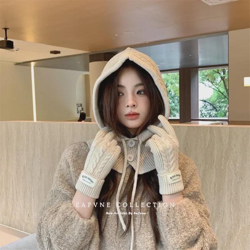 Korean Style Wool Balaclava & Twisted Gloves Set for Women - Perfect for Autumn and Winter