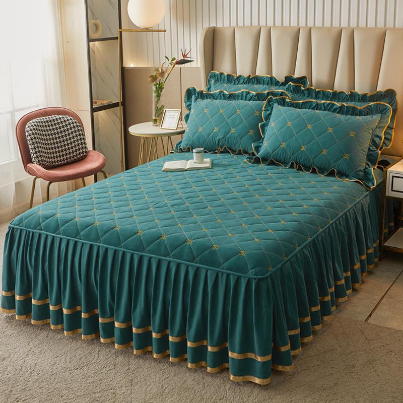 Сплошной цвет стеганая юбка-кровать Покрывало цельное утолщенное покрывало из трех предметов 1,5 м 1,8 X2,0 кружевное покрывало с листьями лотоса