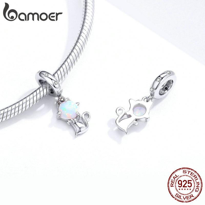 Подвеска-подвеска BAMOER из стерлингового серебра 925 пробы с опалом и котом, подходит для оригинального браслета или ожерелья