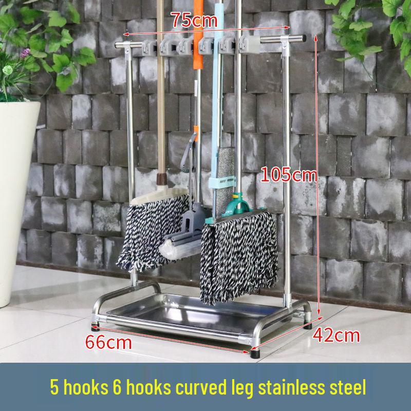Floor-Standing Stainless Steel Movable Mop and Broom Holder - Punch-Free Bathroom Storage Organizer