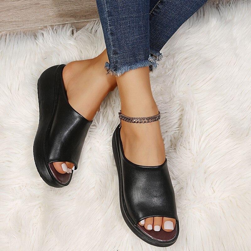 Fashion Women Leather Slippers White Ladias Retro Peep Toe Platform Shoes Clogs Slip On Sandals Wedges Sandles Zapatos Shoe