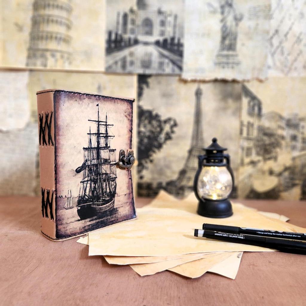 Sailing Ship Leather Journal Dairy Notebook Sketchbook 200 Deckle Papers C-Shape Lock for Closure