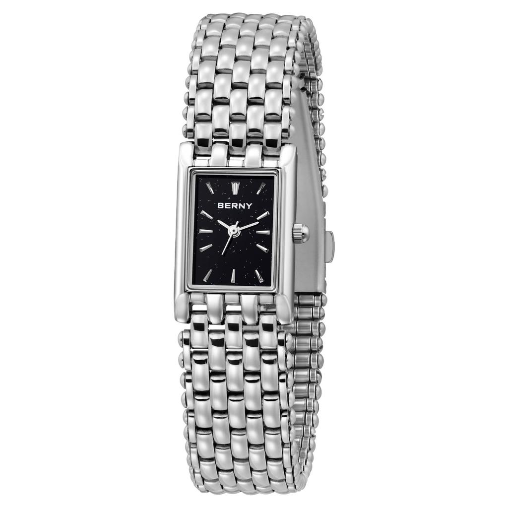 BERNY Silver Watch with Vintage Rectangular Case and 3ATM Water Resistance Women's