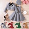 4 шт./компл., платье для девочек, куртка-берет, шапка с лентой и бантом, осень-зима, однотонное короткое пальто с отложным воротником, без рукавов, с круглым вырезом, комплект платьев трапециевидной формы с рюшами по подолу