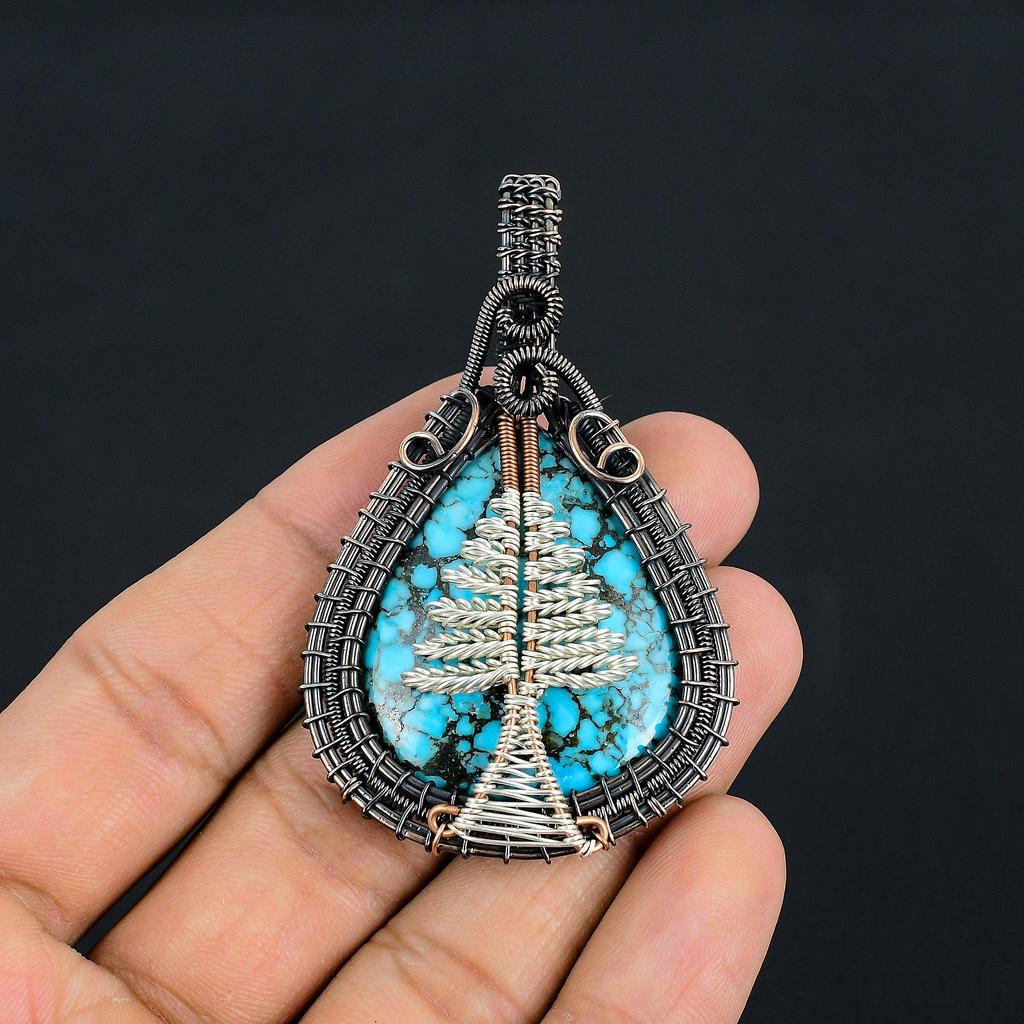 Blue Turquoise Handmade Gemstone Pendant, 999 Copper Wire Wrapped Antique Jewelry Pendant, For Engagement Gift