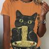 Женская игривая футболка с рисунком японской кошки, поедающей рамэн - повседневный оранжевый полиэстер, короткий рукав, круглый вырез, удобная футболка для весны/лета