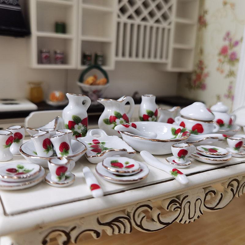 40Pcs 1:12 Dollhouse Miniature Tableware Porcelain Ceramic Tea Cup Dishes Set