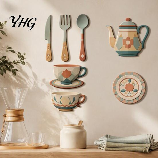Artificial Wood Wall Decorations 7Pcs 2D Flat Kitchen Wooden Decor, Retro Teapot Tableware Themed Adhesive Art for Dining Area Art, Self?Adhesive