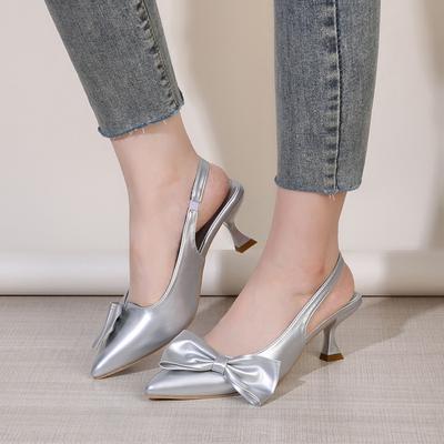 Европейские и американские металлические босоножки на высоком каблуке для женщин, новые, с украшением в виде банта, с острым носком, закрытым носком, больших размеров, на высоком каблуке