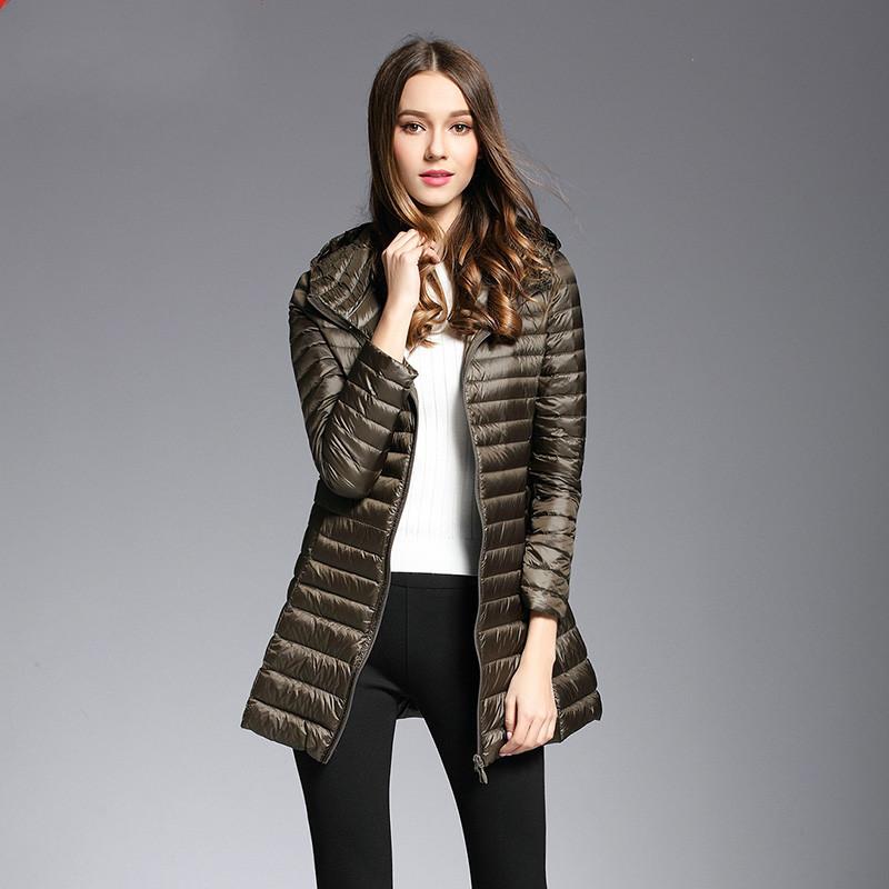 New light down jacket women's medium and long hooded large size slim fit thin light winter coat