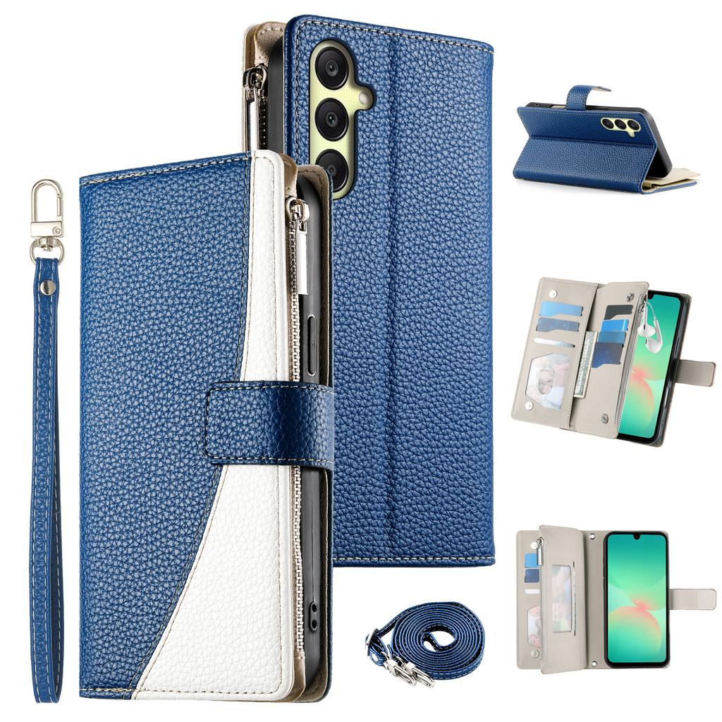 For Samsung Galaxy A26 5G Case Zipper Wallet Color Splicing Leather Flip Phone Cover with Straps